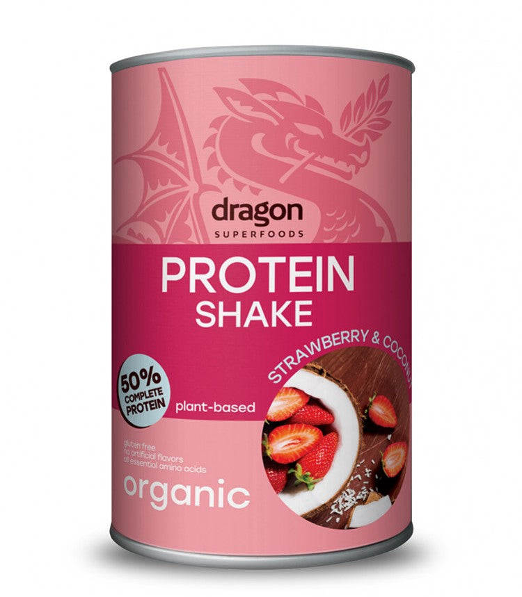 Органски безглутенски 50% протеински шејк од јагода и кокос | Dragon Superfoods | 450 gr