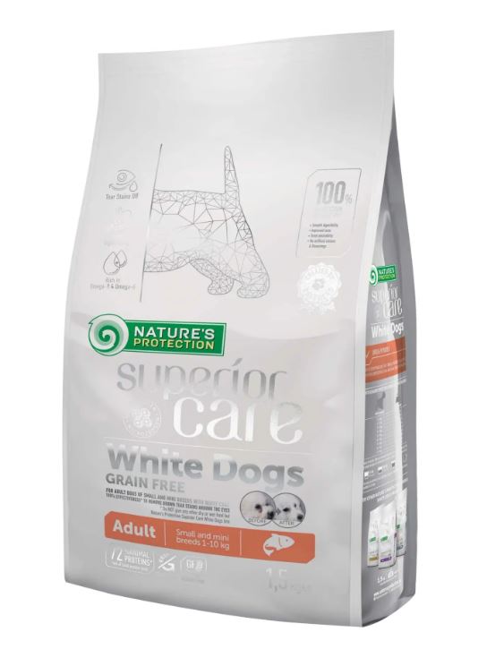 Сува храна за возрасно мало куче со бело влакно | Natures Protection | 1.5 kg
